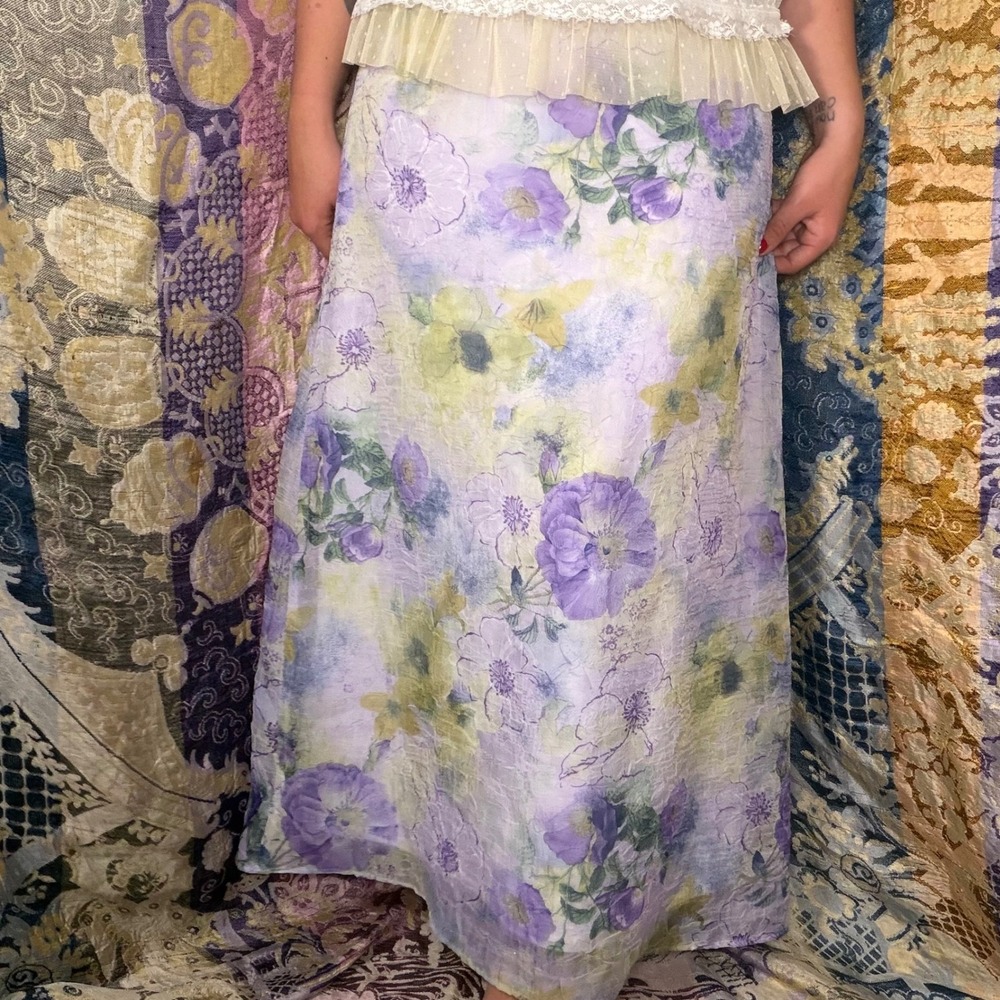 90s/Y2K Crinkle Chiffon Ethereal Floral Whimsical Fairycore Maxi Skirt Size L
